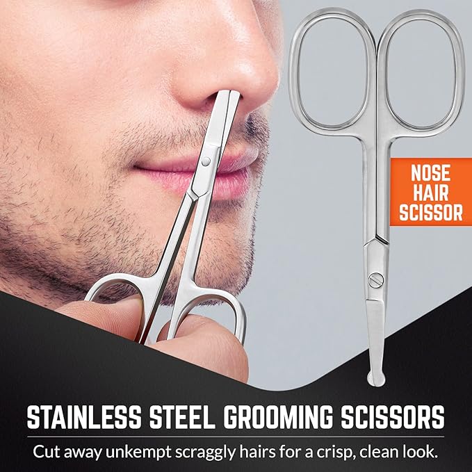 Stainless Steel Grooming Scissors - Eyebrow Scissor, Beard & Mustache Trimming Set, Small Curved & Rounded Tip Facial Hair Trimmer Kit for A Much Safer Ear, Nose Hair Clipper for Men & Travel Case