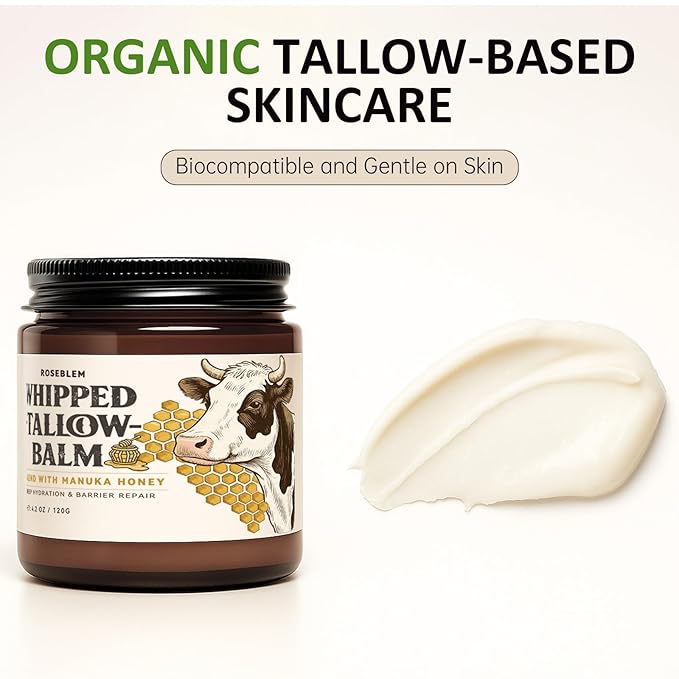 Whipped Tallow Balm for Face – 100% Grass-Fed Organic Beef Tallow Cream with Manuka Honey & Beeswax – Body & Face Moisturizer for Sensitive Skin, Nourishing & Repairing, 4.2 oz