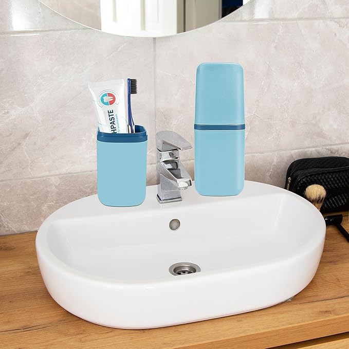 Travel Toothbrush Cup Case Portable PP Seal Tooth Brush Holders Cover Multi-Function Toothpaste Storage Container Cup for Home School Camping Business Trip Bathroom (Blue)