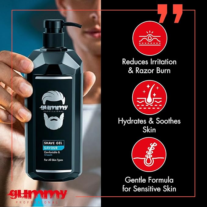 Gummy Professional Savour Shave Gel with Pump – Clear Unscented Formula for Precision Razor Glide and Smooth Shaves – Transparent Fragrance Free Grooming for All Skin Types – 33.81 fl oz / 1000 ml