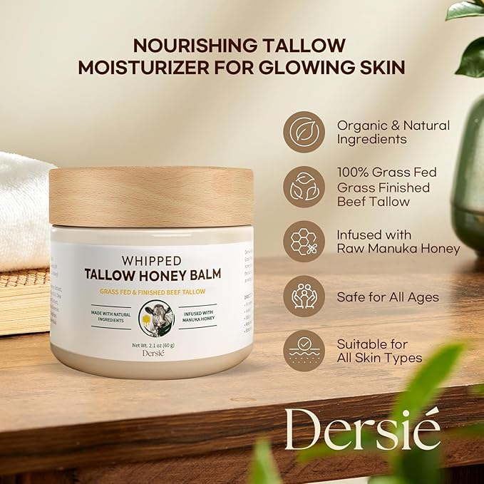 Dersie Tallow and Honey Balm for Face: 100% Grass-Fed Whipped Tallow Balm with Manuka Honey for Dry, Sensitive & Mature Skin – Deep Hydration & Soothing – Suitable for Women, Men & Kids (2.1 oz)