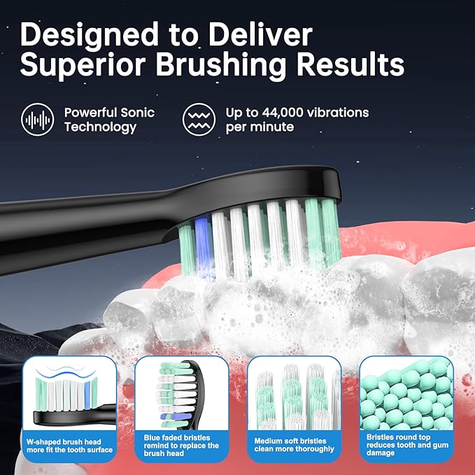 YUNCHI Electric Toothbrush for Adults, Kids Electric Toothbrush,Rechargeable Toothbrushes with 8 Brush Heads, Travel Case, 2 Min Timer, IPX7 Waterproof, 5 Modes, Black