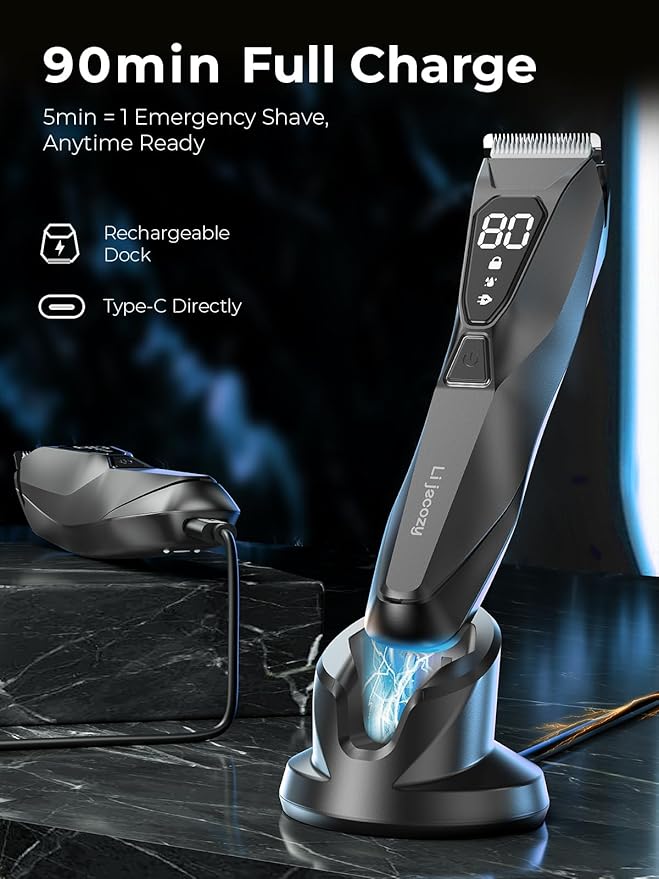 Pubic Hair Trimmer for Man - Cordless Body Hair Trimmer for Men - Electric Ball Shaver with Display & Light - Waterproof Wet/Dry Groomer kit for Groin - 4000K Light - Cosmic Black