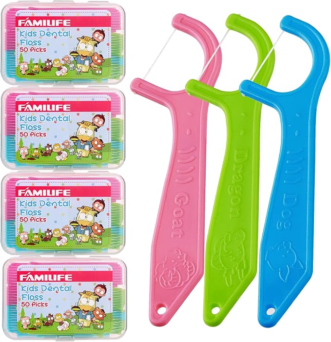 FAMILIFE Dental Floss Picks Kids flossers Toddler Threaders Children Unwaxed Unflavored Fluoride Free Dental Floss Child Kid Flossing Sticks with Travel Cases 200 Picks