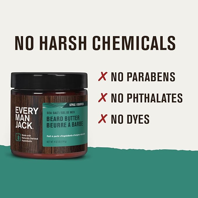 Every Man Jack Beard Butter- Subtle Sea Salt Fragrance - Rejuvenates, Hydrates, and Styles Dry, Unruly Beards While Relieving Itch - Naturally Derived with Shea Butter and Coconut Oil - 4oz