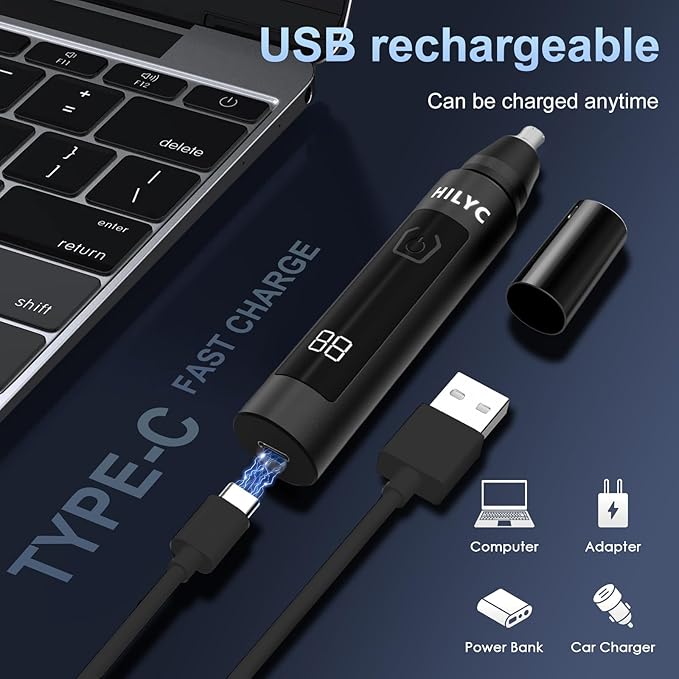 Professional Nose Hair Trimmer, LED Display, USB Rechargeable, Waterproof Double-Edge Blade for Men, Women, IPX7 Rated (Flat)