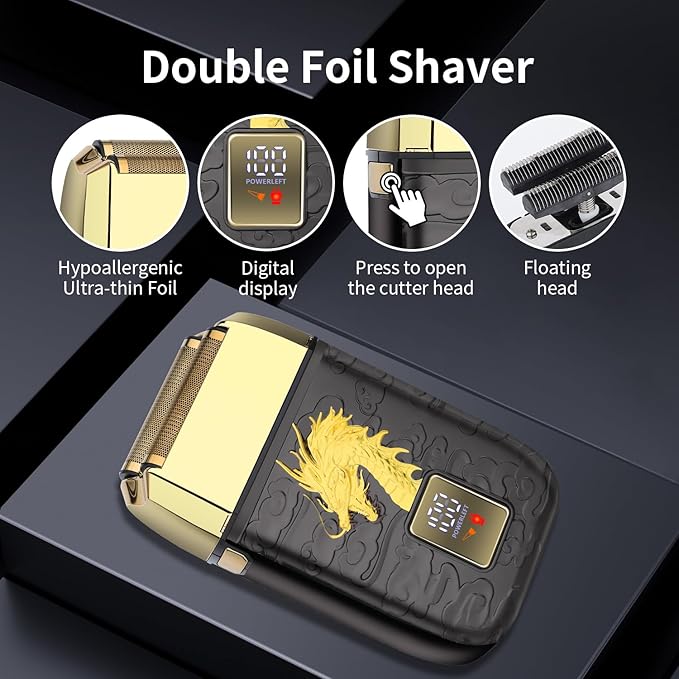 HIENA PRO Professional Foil Shaver for Men, Double Electric Foil Trimmer, Cordless Bald Head Precision Trimmer, Electric Razor, Rechargeable with USB, Gifts for Men (BGLT)