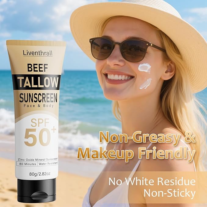 Mineral Sunscreen with Non-Toxic Zinc Oxide SPF 50, Organic Natural Beef Tallow Sunblock with Honey Beeswax, Non Greasy Formula for Face, Body and Skin