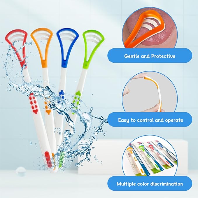 4-Pack Tongue Scraper Oral Care Kits – Plastic Dual-sided Tongue Brushes for Reducing Bad Breath, Includes Comfort Grip Handle, Ideal for Adults and Kids Healthy Oral Hygiene Tools