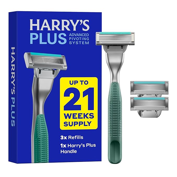 Harry's Plus Razor Shaving Kit for Men - Premium Handle and 3 Razor Blade Cartridges - Advanced Pivoting System - Moss