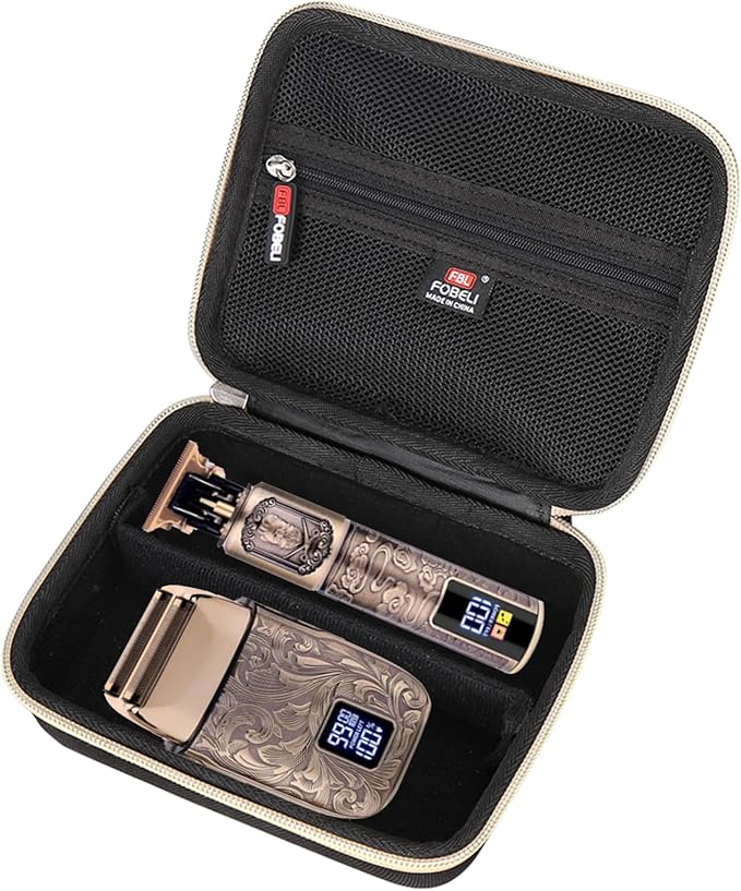 FBLFOBELI Hard Storage Case for Ufree/for Hatteker/for Brightup FK-8788T/ for Wahl 9916-817V Electric Razor Foil Shavers, Hair Beard Trimmer Grooming Shaving Kit Holder (Black+Gold Zipper)