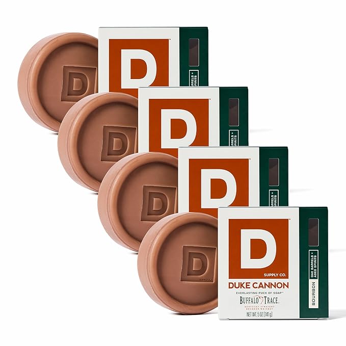 Duke Cannon Supply Co. Bar Soap Puck - Men's Rounded Bar Soap with Masculine Scents - Disc-Shaped Mens Soap - Hydrating & Deep Cleaning - All Skin Types - Bourbon, 4 Pack - 5 oz