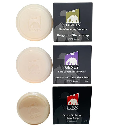 GENTS 97% All Natural Shave Soap Set for Men, Bergamot, Lavender and Citrus and Ocean Driftwood Pack of 3 (3 PACK, BERGAMOT, LAVENDER CITRUS, OCEAN DRIFTWOOD)