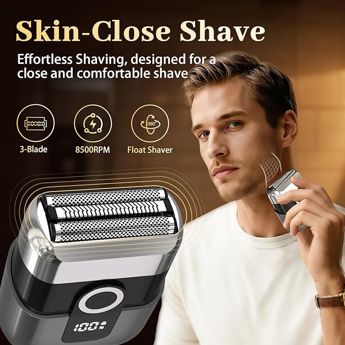 Electric Foil Shaver for Men: Mini Electric Razor for Face/Beard - 3 Floating Blades Cordless Razor with LED Display - IPX7 Waterproof Wet Dry Shaving for Travel & Home, USB Type C
