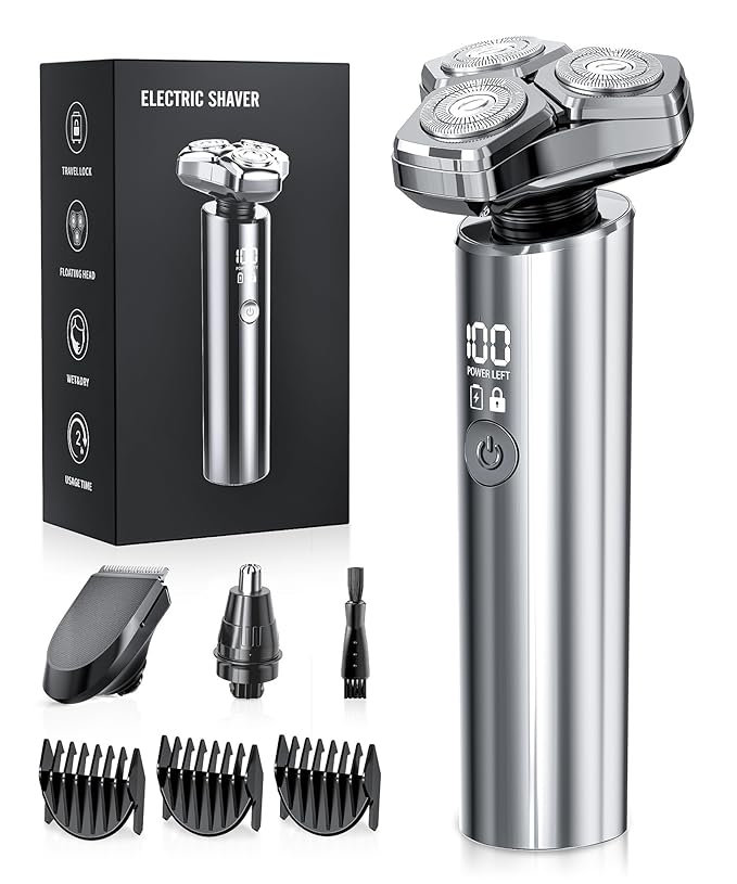 Electric Razor for Men，10,000RPM High-Speed Motor, IPX8 Waterproof, USB Fast Charging, Quick Charge & Travel Lock，Upgraded Mirror Silver