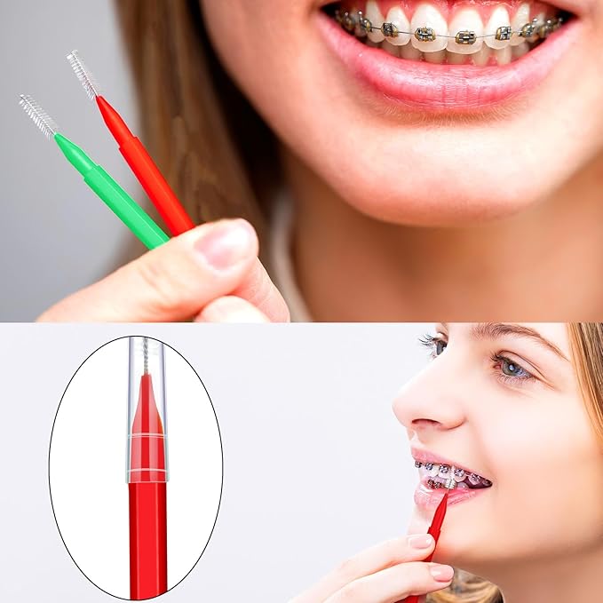 Patelai 100 Pieces Braces Brush for Cleaner Interdental Brush Toothpick Dental Tooth Flossing Head Oral Dental Hygiene Flosser Toothpick Cleaners Tooth Tool(Green, Red,Proper Size)