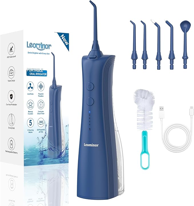 Leominor Water Flosser - 5 Modes Cordless Portable Oral Irrigator, IPX7 Waterproof, Rechargeable Teeth Cleaner Professional Flossing Cleaning Pick for Home Travel (D Blue)