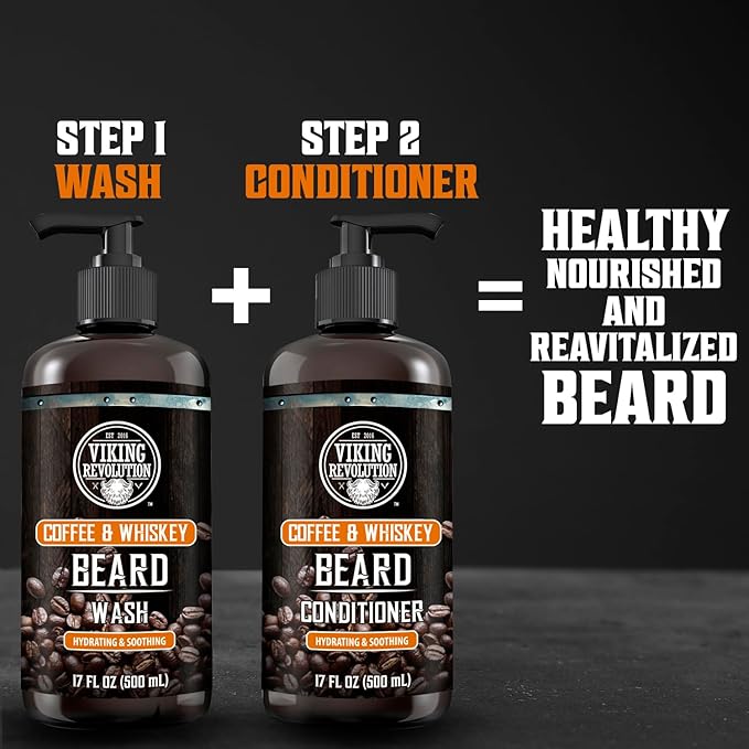 Viking Revolution Coffee Whiskey Beard Wash and Beard Conditioner Set with Argan and Jojoba Oils - Softens and Strengthens - Coffee Whiskey Scent - Beard Shampoo with Ginseng Root Extract (17 oz)