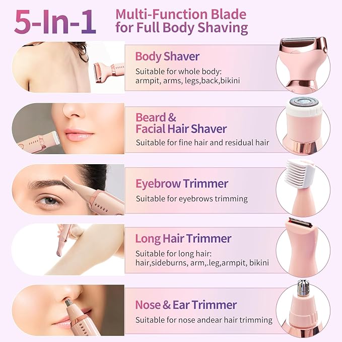Electric Razors for Women, 5 in 1 Painless Ladies Wet & Dry Body Razors and Facial Hair Remover, Rechargeable Facial and Body Hair Remover for Face Nose Eyebrow Arms Armpit Legs Pubic Area (Pink)