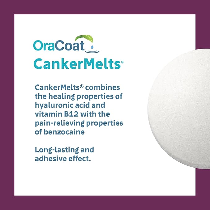 Oracoat CankerMelts Stick-On Melts Canker Sore Treatment for Mouth Sores with 15mg Benzocaine, Hyaluronic Acid & Vitamin E
