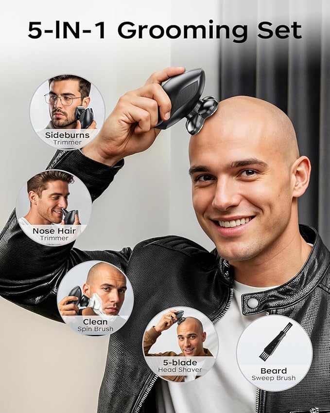 Head Shavers for Bald Men, 5 in 1 Electric Razor IPX7 Waterproof for Bald Men, 5D Rotary Shaver