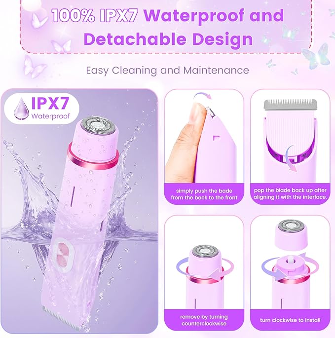 2 in 1 Bikini Trimmer for Women, Dual Head Electric Rozor, Facial Hair Removal, Ipx7 Waterproof Body Shaver for Bikini Face Armpit Pubic Hair Leg Back, Easy Cleaning, Ceramic Blade (Purple)