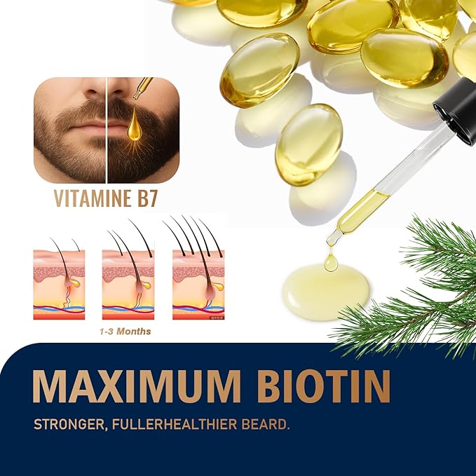 Biotin Beard Growth Kit for Men with Conditioning Oil and 0.25mm Massager Roller, Cedar Serum with Castor and Jojoba Oil, Grooming Softer Thicker Healthier-Looking Mustache Beard Care