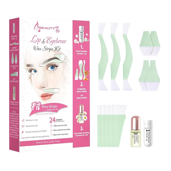 Beauty7 Pre-cut Wax Strips for At-Home Eyebrow, Lip, and Facial Hair Removal - 24 Strips with Pearl Powder and Essential Oil for Sensitive Skin
