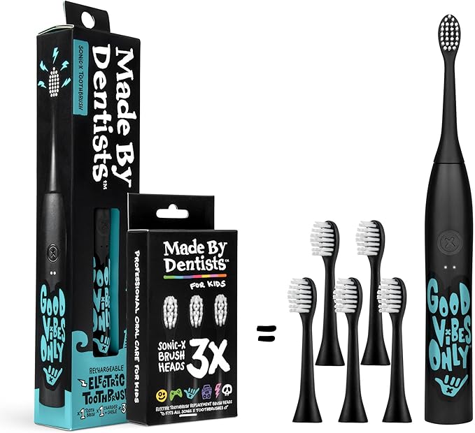 Made by Dentists Sonic X Electric Toothbrush – Rechargeable Kids Sonic Toothbrush, 8X Plaque Removal, 2 Speed Modes, 2-Minute Timer 6 Brush Heads Included, Tweens Ages 7+, Good Vibes Only Edition