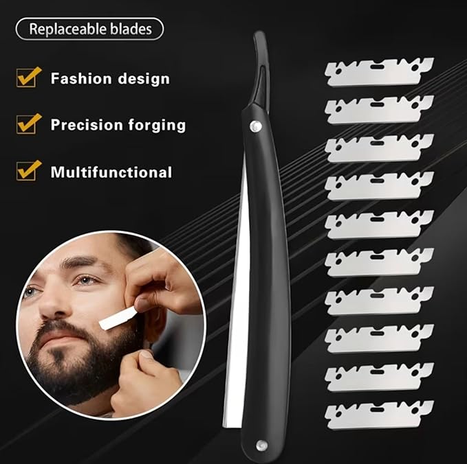 UM Supplies Straight Razors for Men – Professional Barber Straight Edge Razor Kit with 10 Replaceable Insert Single Edge Blades - Navajas Para Barbero (Black Slideout)