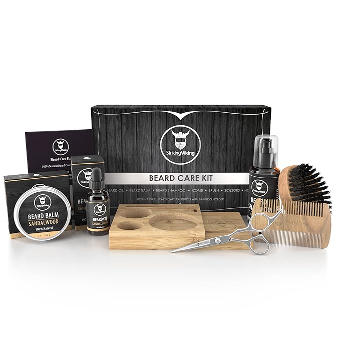 Striking Viking Beard Growth Kit - 7-Piece Set, Sandalwood - Softening Sandalwood Beard Oil & Balm - Brush with Mustache Comb & Scissors - Compact Caddy Organizer & Gifts for Men