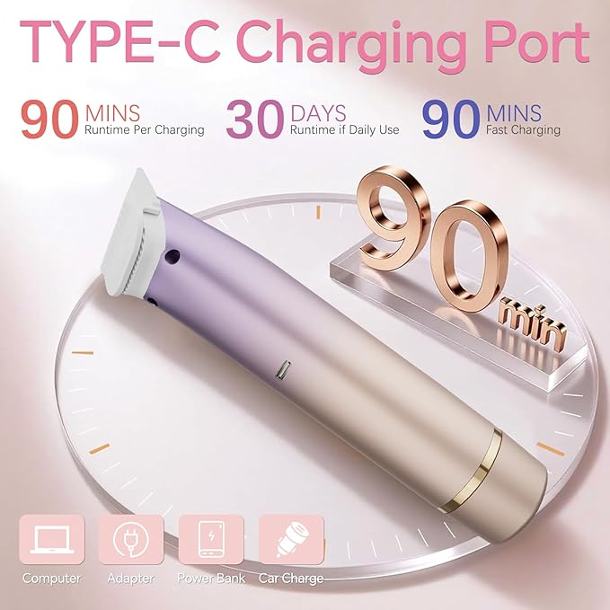 Bikini Trimmer for Women - 2 in 1 Dual Head Electric Razor, Painless Pubic & Body Hair Remover for Face, Legs, Underarms, IPX6 Waterproof, Cordless Rechargeable for Travel, Gift for Her (Purple)