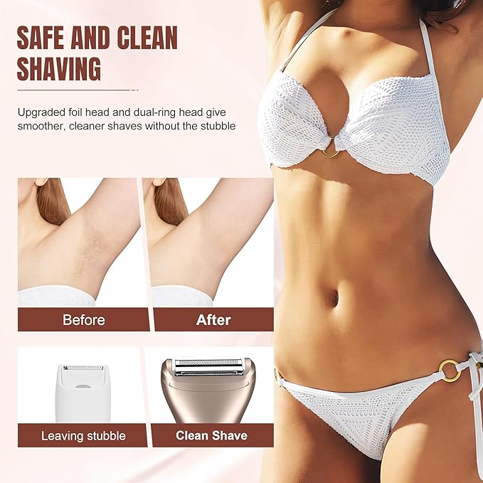 Karrte 2-in-1 Women Electric Shaver Dual Head Bikini Trimmer, Razors for Shaving Pubic Hair, Wet and Dry Cordless Painless Hair Removal for Private Area White