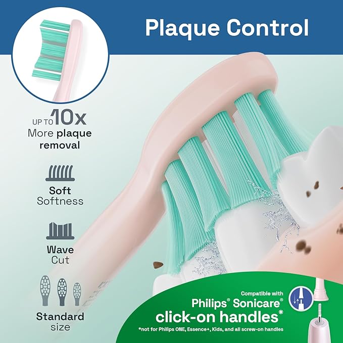 Brushmo Plaque Control Replacement Toothbrush Heads, Compatible with Philips Sonicare Click-on Electric Toothbrush Handles, 8 Standard Replacement Heads, Soft Dupont Bristles, BM928pk, Pink