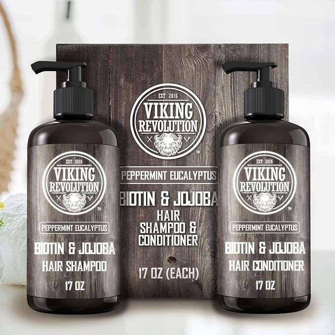 Viking Revolution Biotin Mens Shampoo and Conditioner Set - Eucalyptus Shampoo and Conditioner Set with Jojoba and Mint Oil - Peppermint Oil Hair Conditioner for Men (17 Oz)