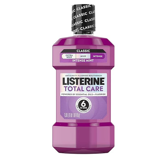 Listerine Total Care Intense Anticavity Fluoride Mouthwash, 6 Benefits in 1 Oral Rinse Helps Kill 99% of Bad Breath Germs, Prevents Cavities, Provides 360 Clean*, ADA-Accepted, Intense Mint, 1 L