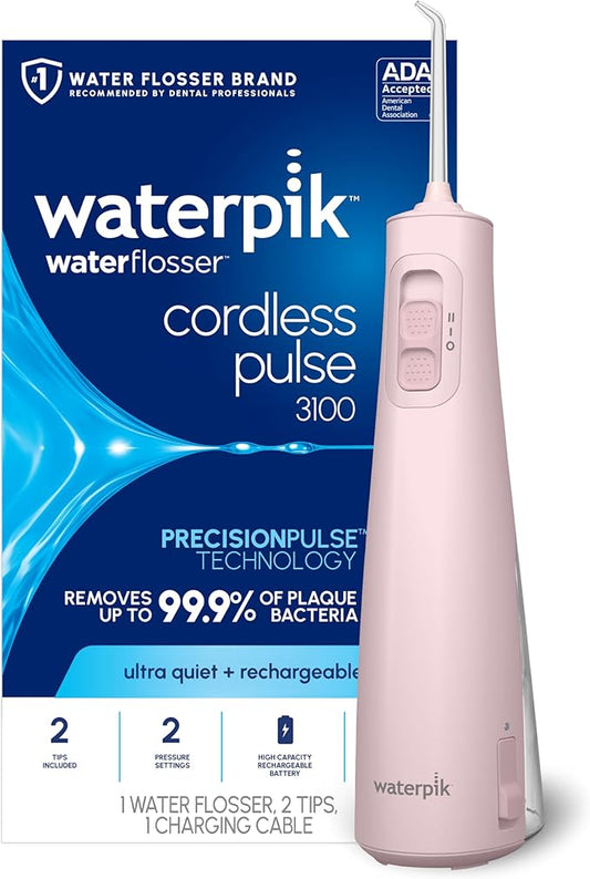 Waterpik Cordless Pulse Rechargeable Portable Water Flosser for Teeth, Gums, Braces Care and Travel with 2 Flossing Tips, Waterproof, ADA Accepted, WF-20 Pink, Packaging May Vary