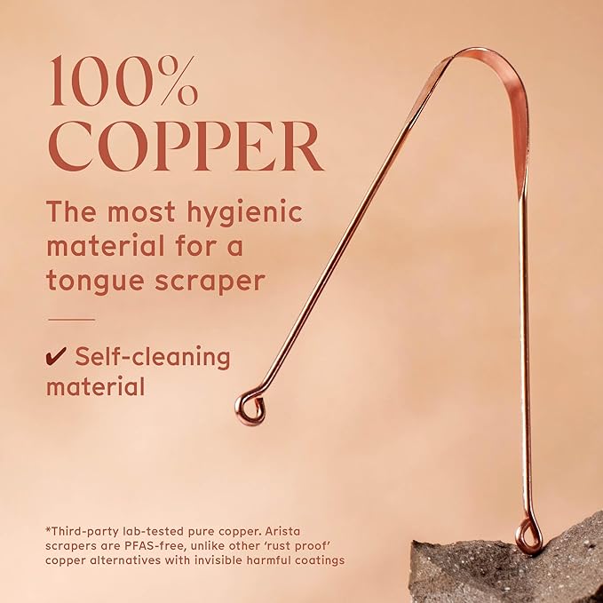 Arista Copper Tongue Scraper for Adults & Kids – 100% Pure Copper Tongue Cleaner – Extreme Bad Breath Treatment for Adults, Oral Detox & Hygiene – 1 Pack with Travel Pouch