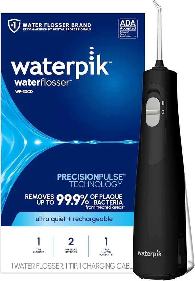 Waterpik Cordless 1100 Rechargeable Portable Water Flosser for Teeth Cleaning and Flossing, Travel, Braces Care, Healthier Gums, Waterproof for Shower, ADA Accepted, WF-30CD Black, Packaging May Vary