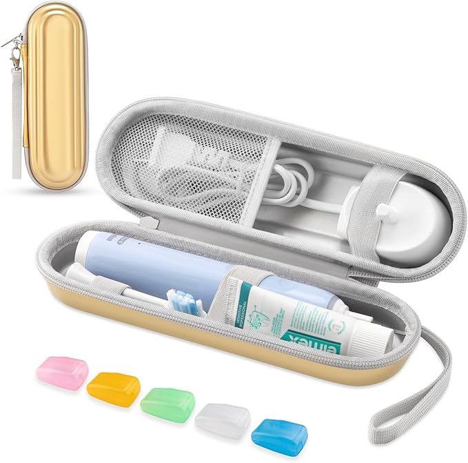 Toothbrush Travel Case for Oral B/Oral-B Pro 1000 1500 5000 7000 & Philips Sonicare 4100 1100 5300 5100 6100/iO Electric Toothbrush, Hard Protective Storage Bag (Dazzling Gold with toothbrush cap)