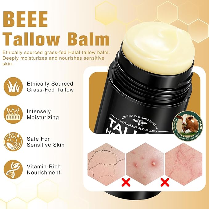 Beef Tallow for Skin, Organic Beef Tallow Balm Stick, 100% Grass-Fed Honey & Beeswax, Deep Hydration For Dry & Aging Skin, Natural Barrier, Nourishing Moisturizer, 2.6oz