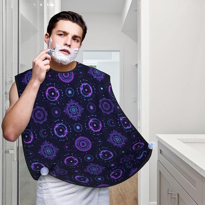 Professional Beard Bib, Non-Stick Hair Catcher Apron Waterproof, Shaving Grooming Essential for Men Dad, Sacred Geometric Symbols Sun Moon Trippy Purple Shave Bib