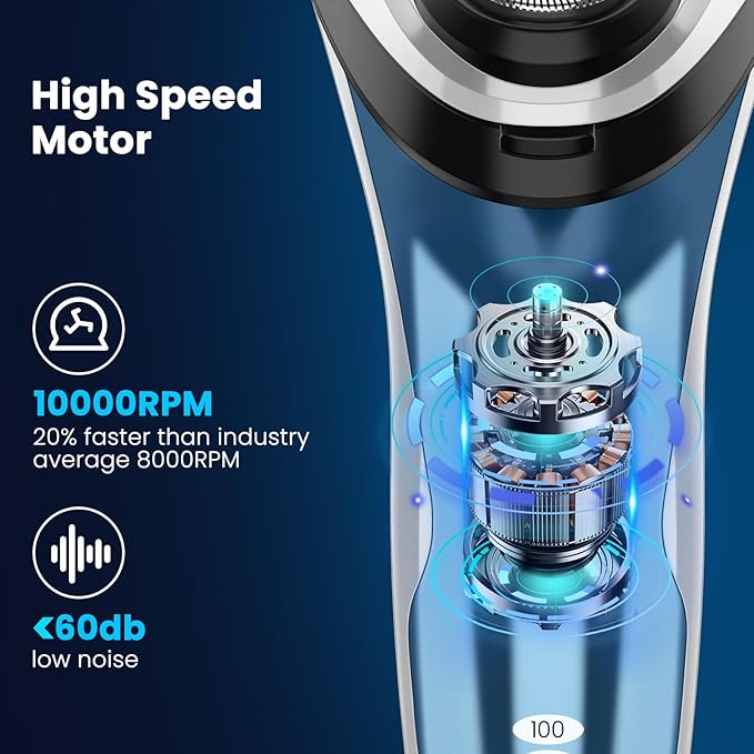 Waterproof Men’s Electric Shaver with Travel Case, Powerful & Quiet, Type C Fast Charge (60min Charge, 120min Use), Precision Trimmer (Blue)