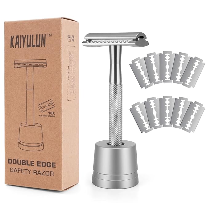 Safety Razor with Stand for Men & Women - Double Edge Single Blade Razor, One Blade Razor with 10 Blades & Metal Stand - Reusable Mens & Womens Shaving Razor (Complete Kit)-silver