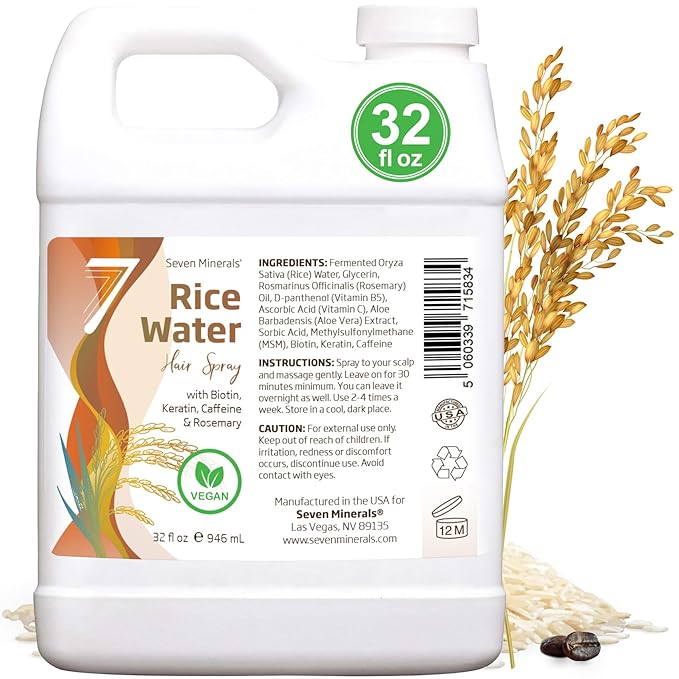 Fermented Rice Water for Hair Growth - Infused with Rosemary, Biotin, Caffeine, Keratin Vegan Non-Greasy Spray Naturally Thicker, Longer, Softer Men & Women (32 fl oz Jug)