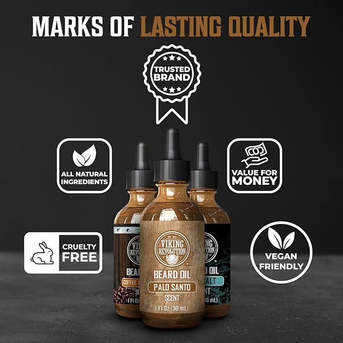 Viking Revolution Beard Oil for Men 3 Pack - Natural Mens Beard Oil Variety Set - Coffee & Whiskey, Palo Santo, Sea Salt Scents - Beard Conditioning and Moisturizing for a Healthy Beard (3 Pack, 1oz)