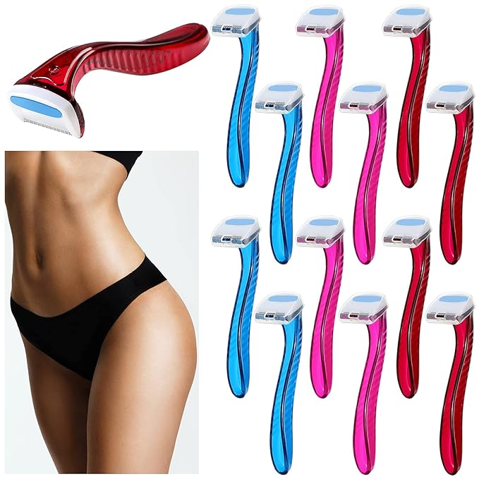 Honoson 12 Pcs Disposable Bikini Razors for Women Bikini Line Trimmer Shaver Small T Type Razor Durable Travel Accessories Pubic Hair Removal Beauty for Body Cosmetic Tool(Dark Blue, Rosy, Dark Pink)