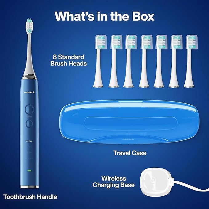 Aquasonic Vibe Series Ultra-Whitening Toothbrush – ADA Accepted Electric Toothbrush - 8 Brush Heads & Travel Case – 40,000 VPM Motor & Wireless Charging - 4 Modes w Smart Timer – Sapphire Blue