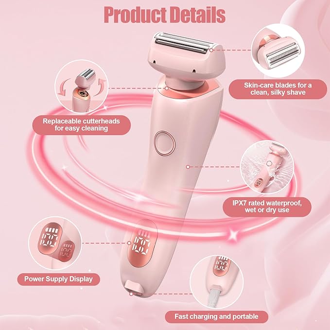 Electric Shaver for Women, 2 in 1 Wet & Dry Silk Glide Pro Shaver with 2 Removable Heads, Rechargeable Electric Trimmer for Bikini, Pubic Hair, Legs, Body, IPX7 Waterproof