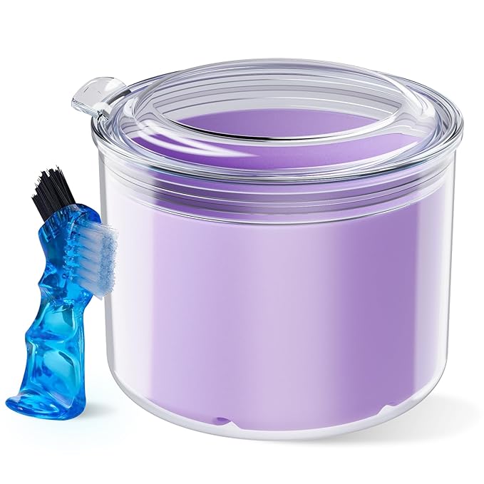 Denture Bath Cup with Cleaning Brush, Large Soaking Container with Strainer Basket for False Teeth & Night Guard, Oral Care Storage Holder for Home Use, Purple